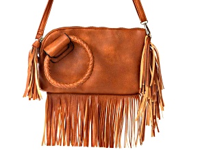 Brown Faux Leather Tassel Gold Tone Clutch Handbag