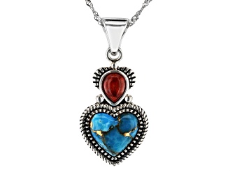 Blue Turquoise and 8x6mm Red Coral Rhodium Over Sterling Silver Enhancer