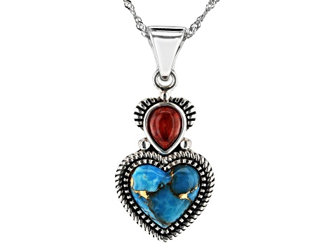 Blue Turquoise and 8x6mm Red Coral Rhodium Over Sterling Silver Enhancer