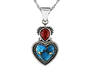 Blue Turquoise and 8x6mm Red Coral Rhodium Over Sterling Silver Enhancer
