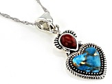 Blue Turquoise and 8x6mm Red Coral Rhodium Over Sterling Silver Enhancer