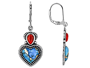 Blue Heart Turquoise and 6x4mm Pear Red Coral Sterling Silver Earrings