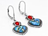 Blue Heart Turquoise and 6x4mm Pear Red Coral Sterling Silver Earrings