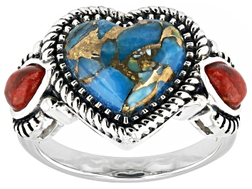Picture of Blue Heart Turquoise and 6x10mm Pear Red Coral Sterling Silver Ring