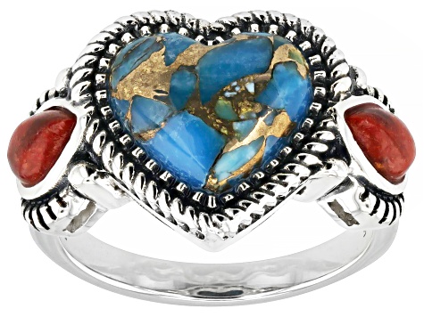 Blue Heart Turquoise and 6x10mm Pear Red Coral Sterling Silver Ring