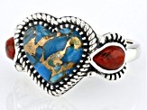 Blue Heart Turquoise and 6x10mm Pear Red Coral Sterling Silver Ring