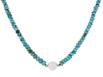 Picture of Rondelle Kingman Turquoise & Cultured Freshwater Pearl Rhodium Over Sterling Silver Necklace