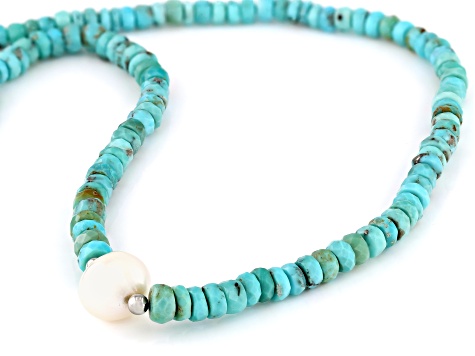 Rondelle Kingman Turquoise & Cultured Freshwater Pearl Rhodium Over Sterling Silver Necklace