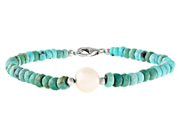 Picture of 4-5.5mm Kingman Turquoise & Cultured Freshwater Pearl Rhodium Over Sterling Silver 
Beaded Bracelet
