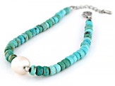 4-5.5mm Kingman Turquoise & Cultured Freshwater Pearl Rhodium Over Sterling Silver 
Beaded Bracelet