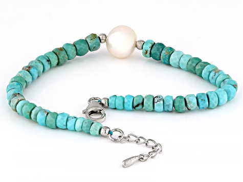 4-5.5mm Kingman Turquoise & Cultured Freshwater Pearl Rhodium Over Sterling Silver 
Beaded Bracelet