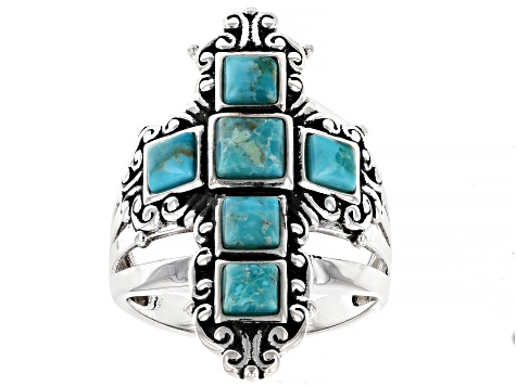 Blue Turquoise Rhodium Over Sterling Silver Cross Ring 4-5mm