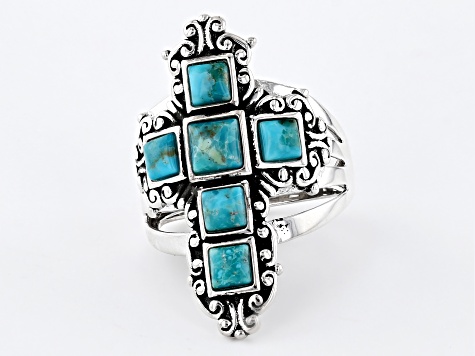 Blue Turquoise Rhodium Over Sterling Silver Cross Ring 4-5mm