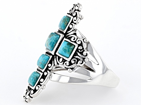 Blue Turquoise Rhodium Over Sterling Silver Cross Ring 4-5mm