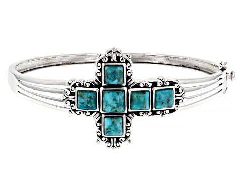 Blue turquoise Rhodium Over Sterling Silver Cross Bangle Bracelet 6-7mm