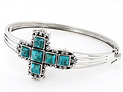 Blue turquoise Rhodium Over Sterling Silver Cross Bangle Bracelet 6-7mm