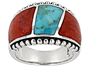 Blue Turquoise & Coral Sterling Silver Inlay Ring