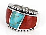 Blue Turquoise & Coral Sterling Silver Inlay Ring