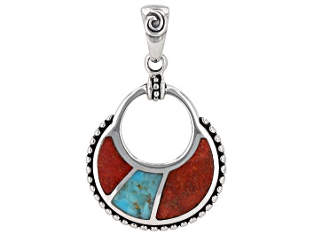 Picture of Blue Turquoise & Coral Sterling Silver Inlay Pendant