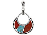 Blue Turquoise & Coral Sterling Silver Inlay Pendant