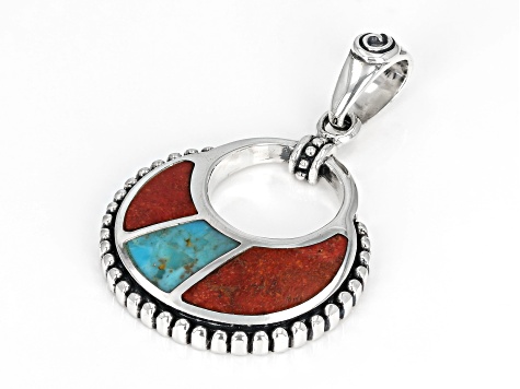 Blue Turquoise & Coral Sterling Silver Inlay Pendant