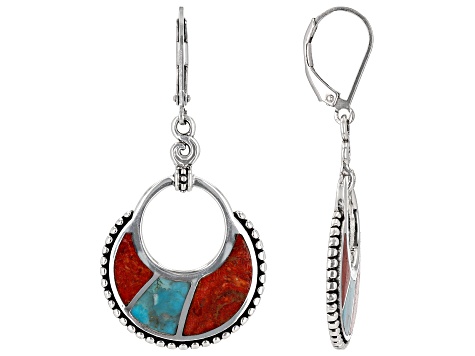 Blue Turquoise & Red Coral Sterling Silver Inlay Earrings