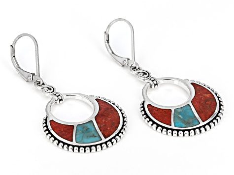 Blue Turquoise & Red Coral Sterling Silver Inlay Earrings