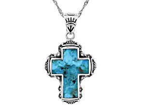 22x16mm Blue Composite Turquoise Sterling Silver Cross Enhancer Pendant With Chain