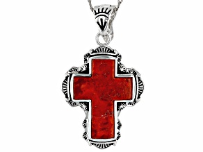 Red Sponge Coral Turquoise Sterling Silver Cross Enhancer Pendant With 18" Singapore Chain 22x16mm