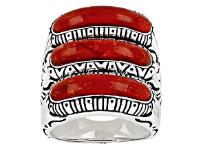 18x4mm Coral Three Row Elongated Sterling Silver Ring