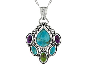 Multi-Color Composite Turquoise Sterling Silver Pendant With Chain