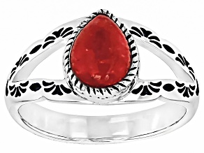 8x6mm Red Sponge Coral Sterling Silver Open Design Ring