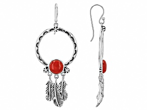 8mm Red Sponge Coral Sterling Silver Feather Earrings