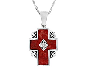 22x16mm Red Sponge Coral Sterling Silver Cross Enhancer Pendant With Chain