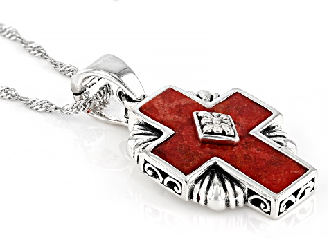 22x16mm Red Sponge Coral Sterling Silver Cross Enhancer
