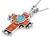 Sponge Orange Coral With Blue Turquoise Sterling Silver Cross Enhancer Pendant With Chain