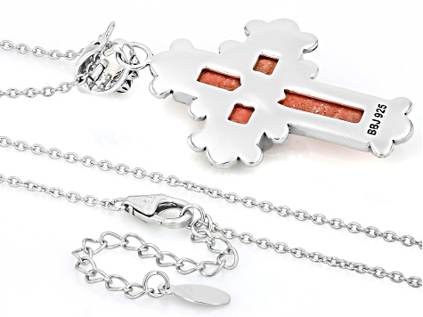 Sponge Orange Coral With Blue Turquoise Sterling Silver Cross Enhancer Pendant With Chain