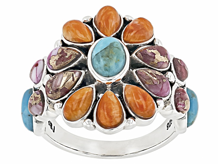 Blue Composite Turquoise & Multi-Color Spiny Oyster Shell Sterling Silver Ring 6x4mm