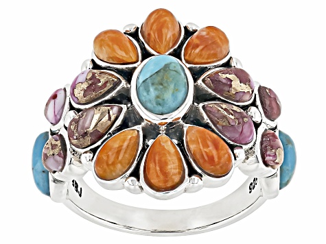 Blue Composite Turquoise & Multi-Color Spiny Oyster Shell Sterling Silver Ring 6x4mm