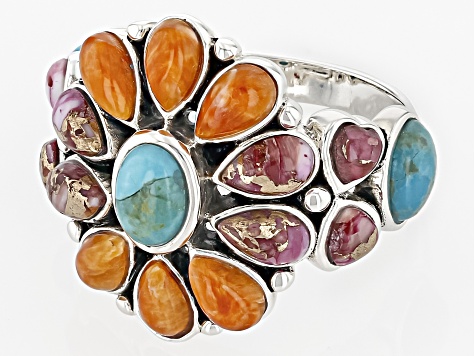 Blue Composite Turquoise & Multi-Color Spiny Oyster Shell Sterling Silver Ring 6x4mm