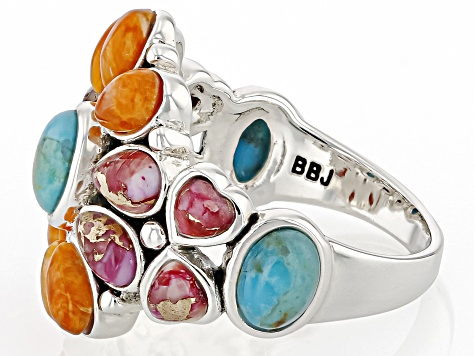 Blue Composite Turquoise & Multi-Color Spiny Oyster Shell Sterling Silver Ring 6x4mm