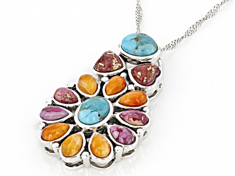 Blue Composite Turquoise & Multi-Color Spiny Oyster Shell Sterling Silver Pendant With Chain