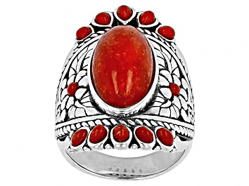 Picture of Red Coral Multi-Stone Sterling Silver Ring 17x8.7mm