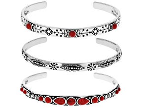 Red Coral Sterling Silver Set of 3 Cuff Bracelets