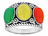 9x7mm Multi-Color Jadeite Rhodium Over Sterling Silver Ring