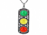 9x7mm Multi-Color Jadeite Rhodium Over Sterling Silver Pendant With Chain