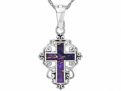 20x14mm Purple Mohave Kingman Turquoise Sterling Silver Cross Enhancer Pendant With Chain