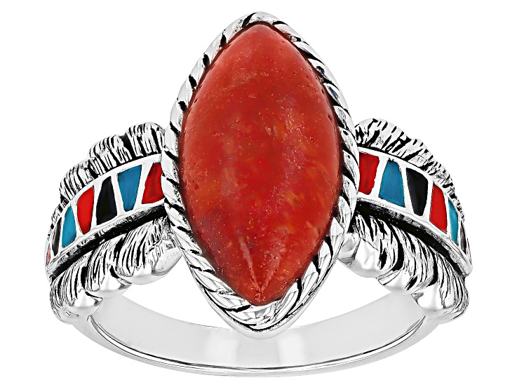 Red Sponge Coral & Multi-Color Enamel Sterling Silver Ring 16x8mm