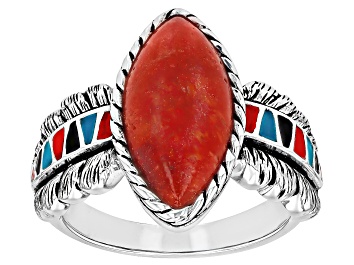 Picture of Red Sponge Coral & Multi-Color Enamel Sterling Silver Ring 16x8mm