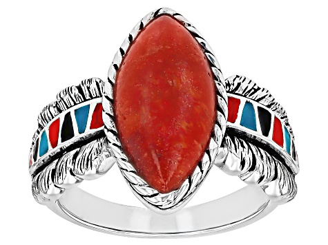 Red Sponge Coral & Multi-Color Enamel Sterling Silver Ring 16x8mm